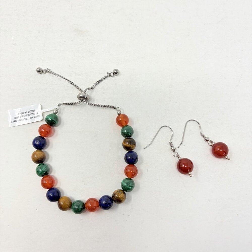 Shop LC Multi Gemstone Beaded Bolo Bracelet and Earrings in Stainless Steel 5461